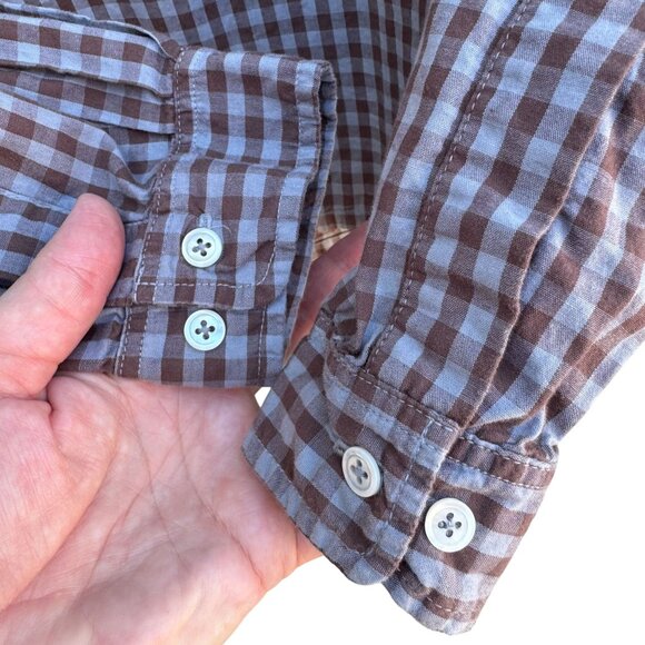 Vintage Brown Blue Gingham Long Sleeve 1/2 Button-Up Madras Cotton Tunic Shirt - Picture 6 of 8